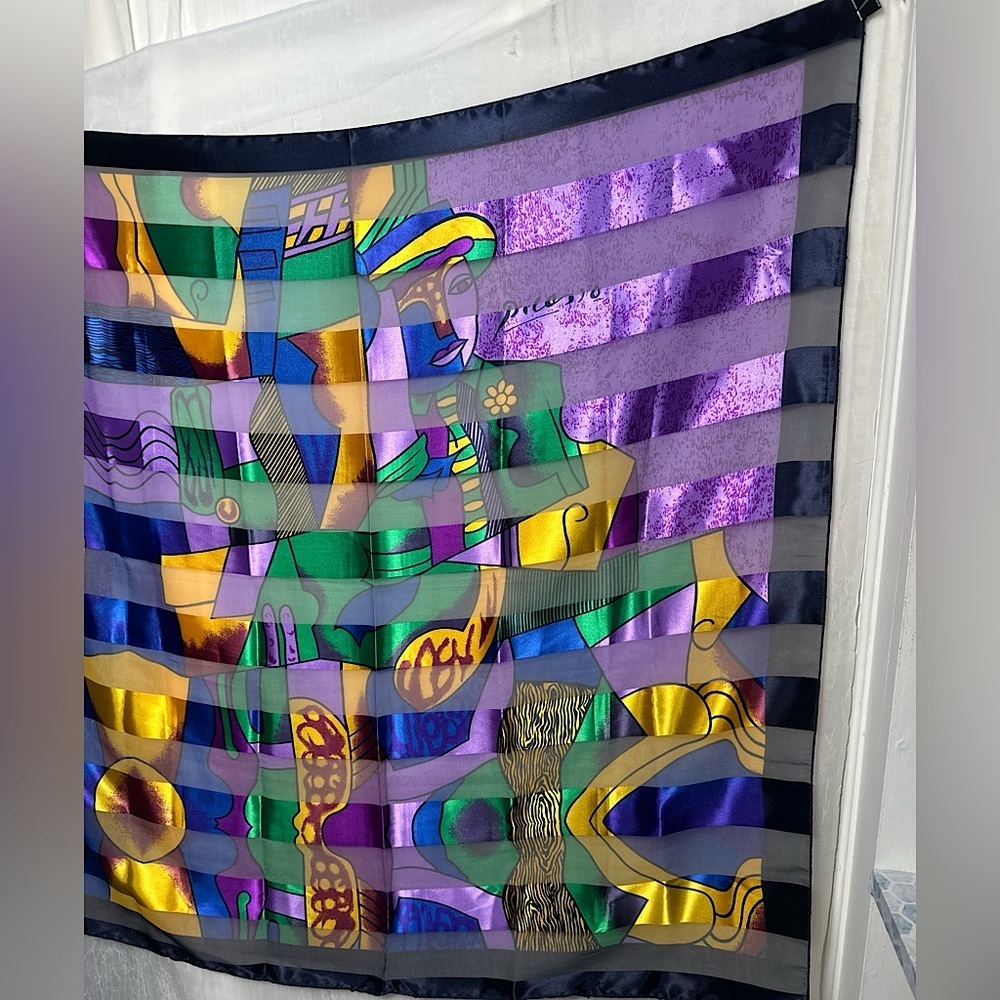 Vintage Picasso Multi Colored Cubist‎ Abstract Artsy Silk Scarf Wrap Tapestry - Picture 6 of 14